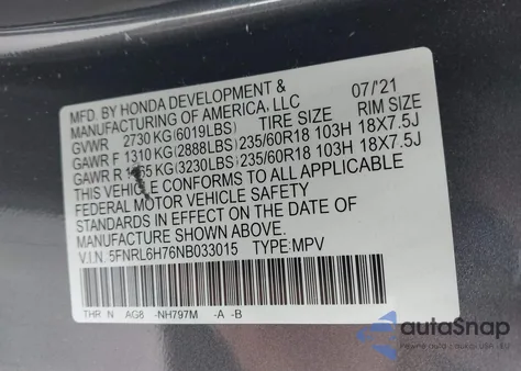 2022 Honda Odyssey Ex-L z USA, uszkodzony, nr VIN 5FNRL6H76NB033015